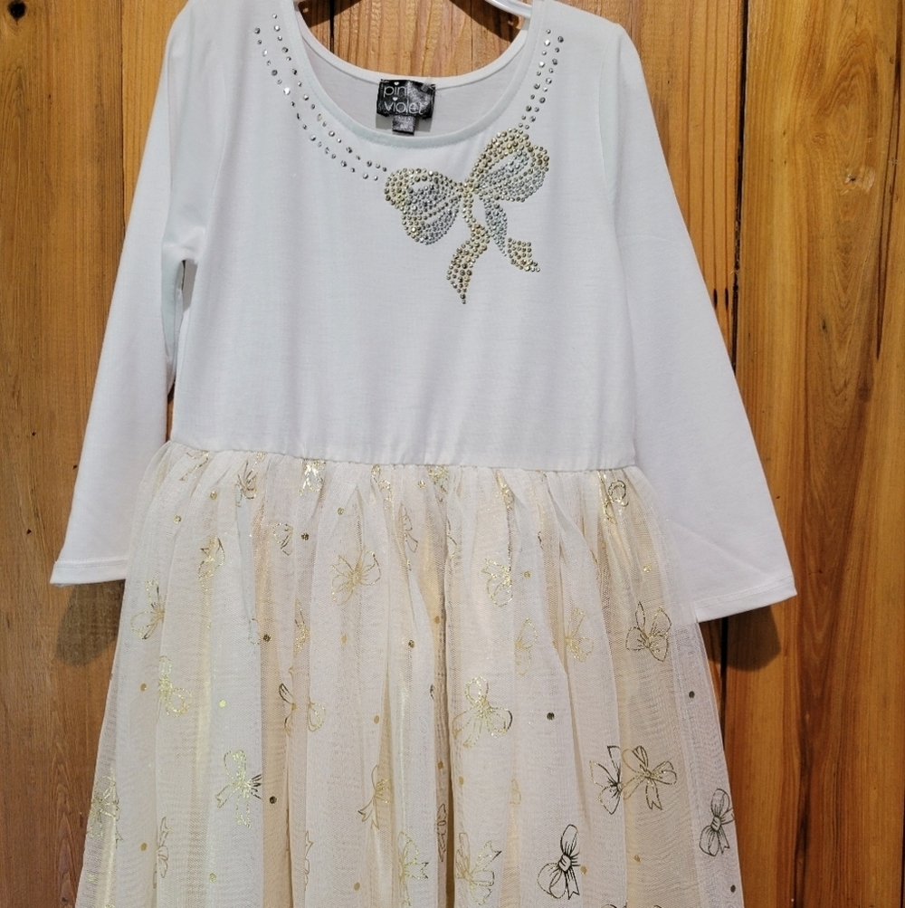 White and Gold Long Sleeve Dress with Bow Design